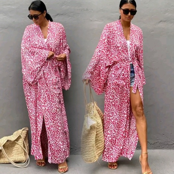 Last 1 New Boho Leopard Print Kimono Wrap Duster Robe Jacket Swim Coverup - Picture 5 of 7